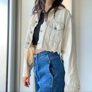 Cropped Off-White Distressed Jean Jacket